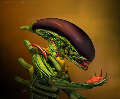 En Alien gjord av grönsaker.