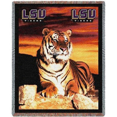 LSU Tigers blanket with an orange tiger and purple writing stating LSU in the corners.