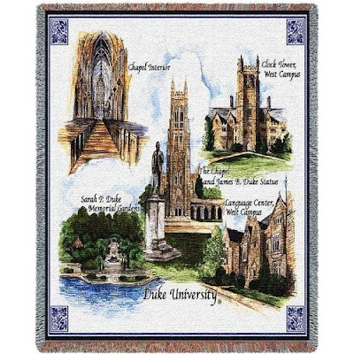 Duke tapestry blanket with Durham campus landmarks.
