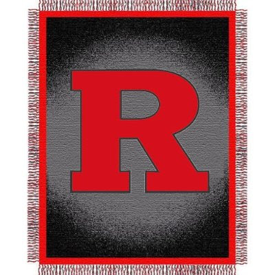 Rutgers University black and red throw blanket.