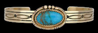Navajo Gold and Paiute Turquoise Bracelet by Toby Henderson