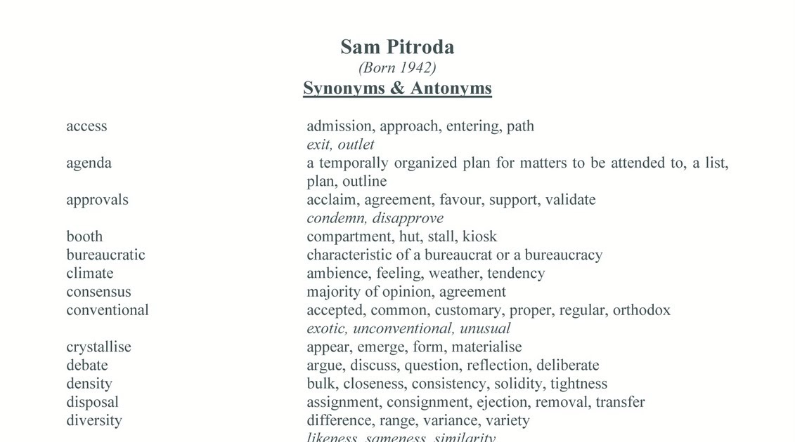 english Sam Pitroda SYNONYMS & ANTONYMS
