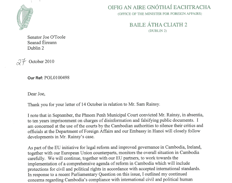 Khmerization Letter of Ireland's Foreign Minister regarding Sam Rainsy