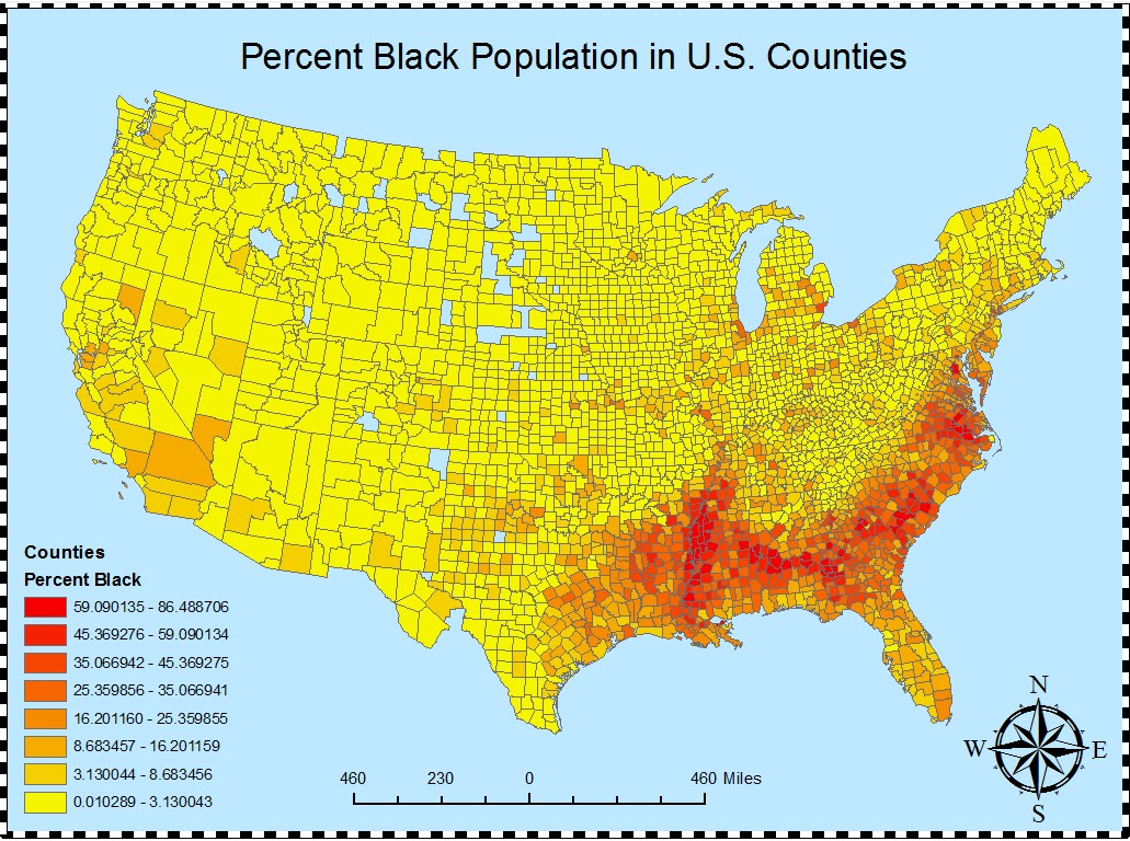 the first map shows the percentage of black people in various u s counties clearly the highest proportion of black people is in the southeast where the the first map shows the percentage of black people in various u s counties clearly the highest proportion of black people is in the southeast where the