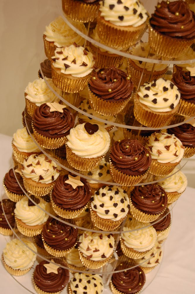 Little Paper Cakes Brown, cream and gold wedding cupcake tower