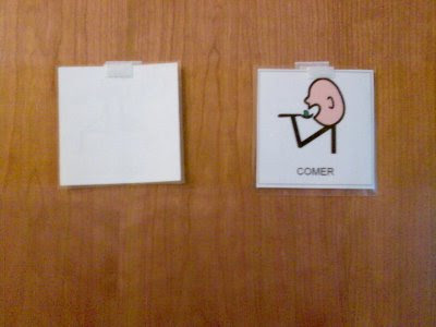 imagen del pictograma de COMER pegado sobre el mueble de la cocina imagen del pictograma de COMER pegado sobre el mueble de la cocina