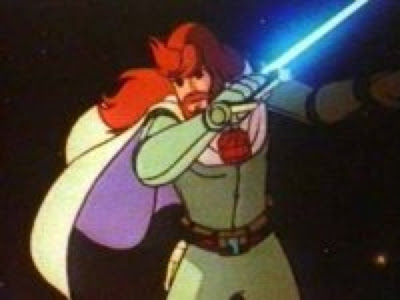 It's like a lightsaber but it's a lasergun, too! And he has a jetpack!!