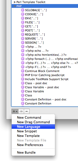 Ekran görüntüsü: TextMate, Bundle Editör