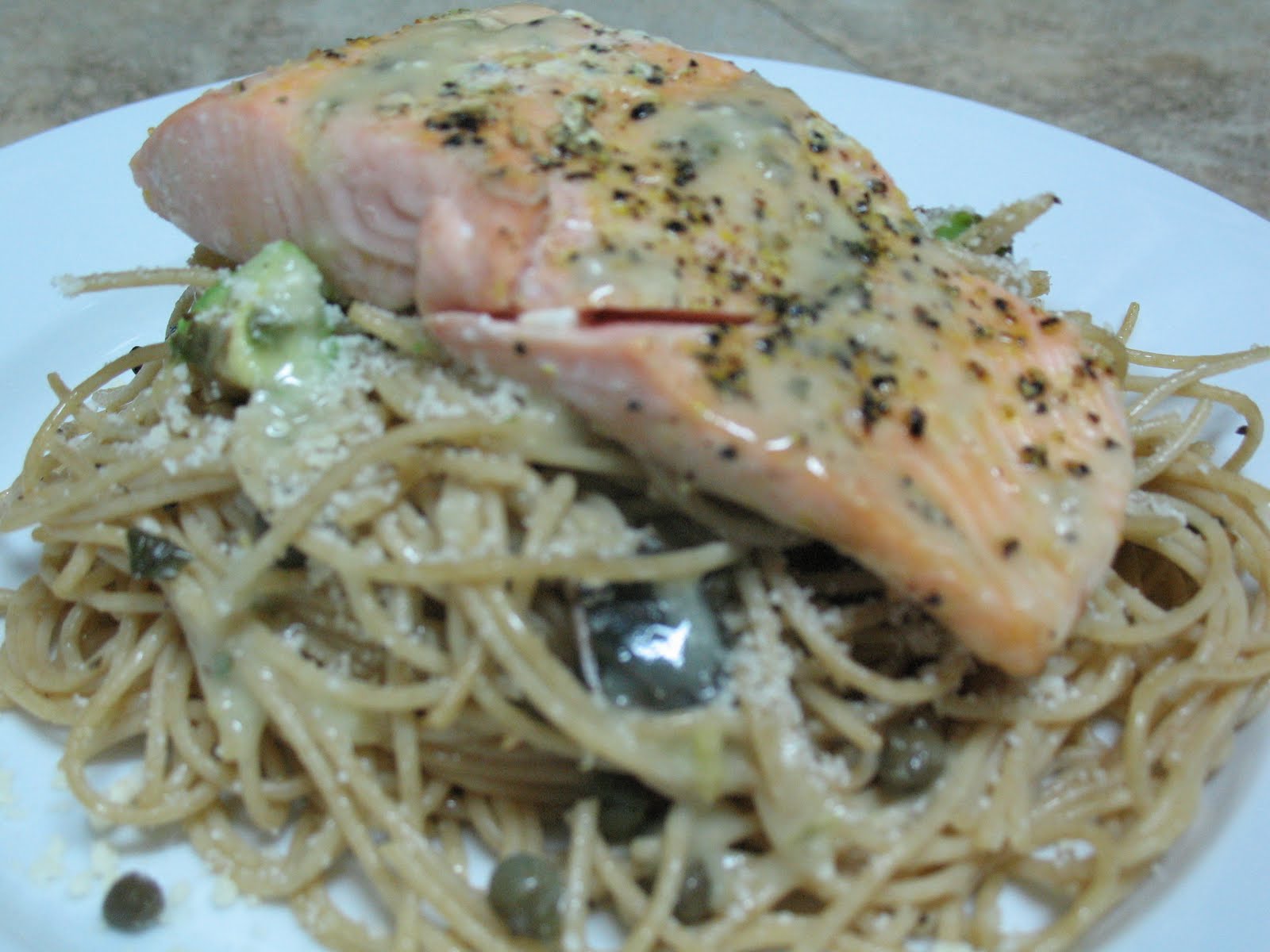 Dining In Garlic, Lemon and Caper Pasta with Grilled Salmon