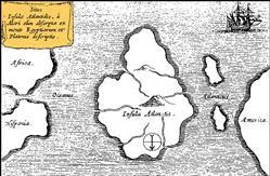 Mapa de Athanasius Kircher mostrando una supuesta ubicación de la Atlántida. (Mundus Subterraneus, 1669).