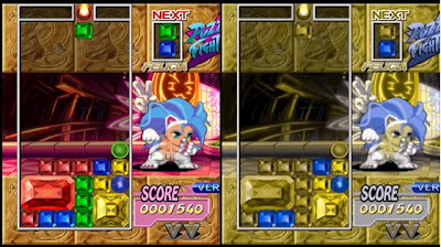 Image of colour matching puzzle game: Super Puzzle Fighter II Turbo as seen by someone with normal eyes and by someone with Deuteranopia (a red-green color deficit)