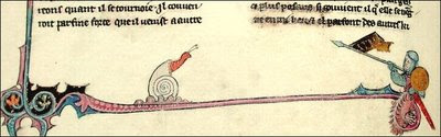 Knight jousting with snail, Brunetto Latini, Li Livres dou Tresor, St Petersburg Manuscript, fol. 30v