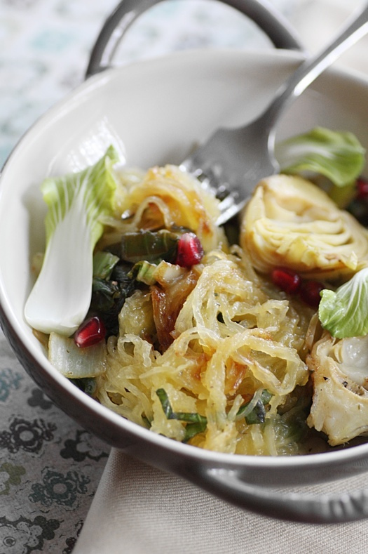 Cara Mia Roasted Spaghetti Squash with Greens, Artichokes and Pomegranate