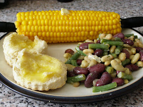3 bean salad, corn and biscuits