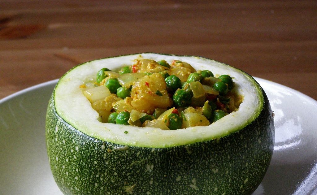 maple•spice Stuffed Zucchini with Curried Potatoes and Peas