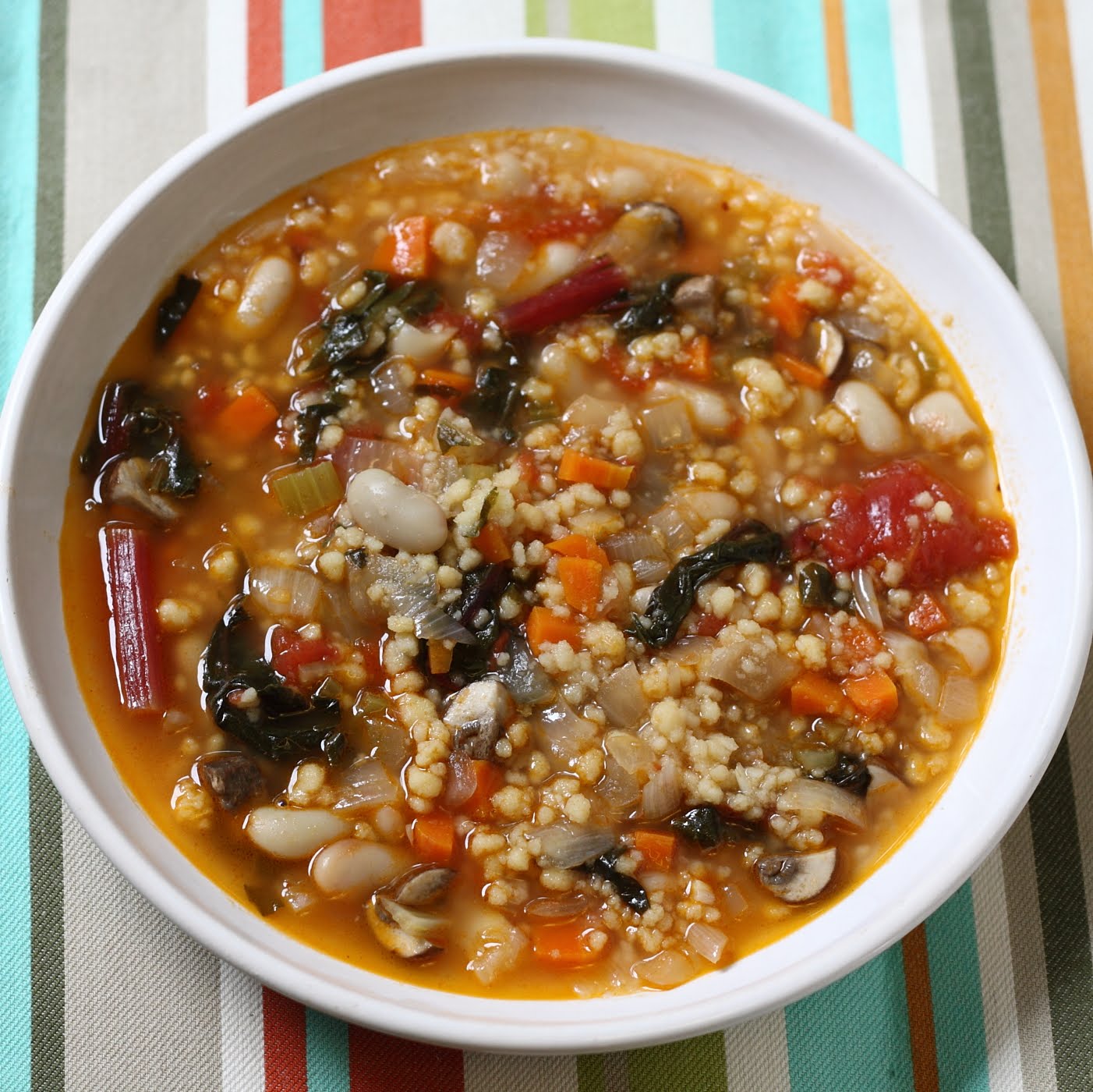 ShowFood Chef No Knead Pasta Chard & Mushroom Soup with Fregola