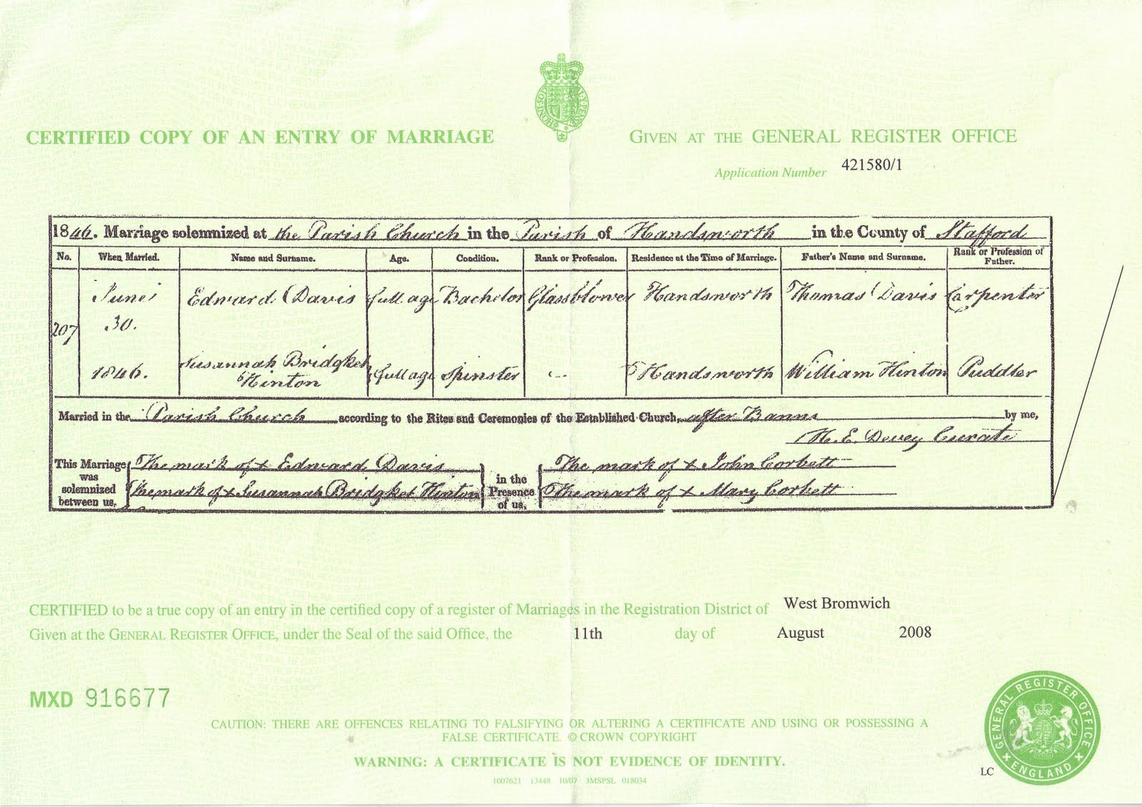 Davis Hinton Wedding Certificate