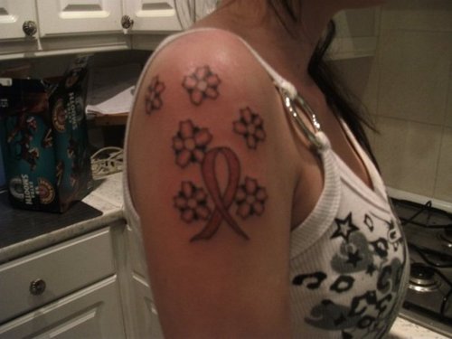 Cancer Ribbons Tattoo With Cherry Blossom Tattoo