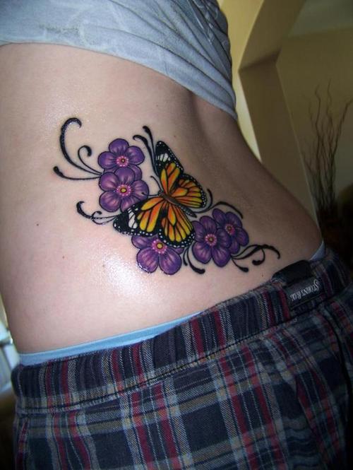 Monarch Butterfly And Purple Flowers Tattoo Desig
