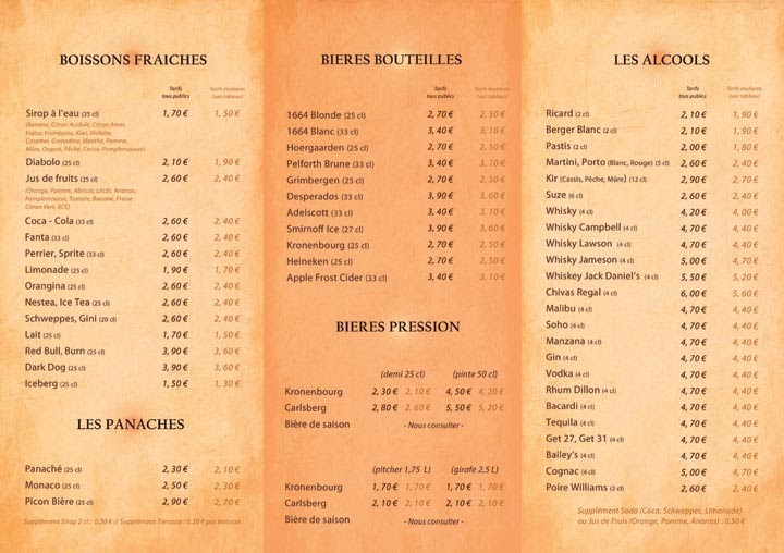 Le café international Nos boissons et tarifs