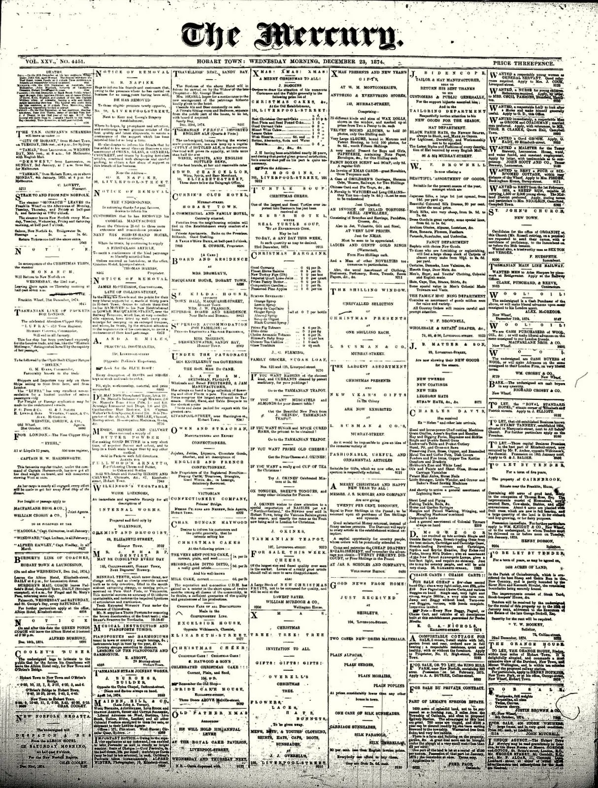 Front page Mercury Tas 23 Dec 1874
