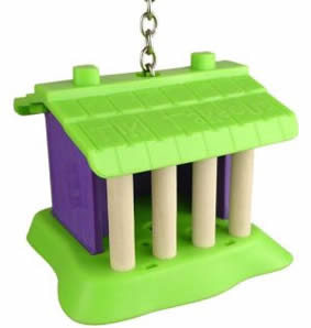 Parrot foraging toy in the shape of a tiki hut