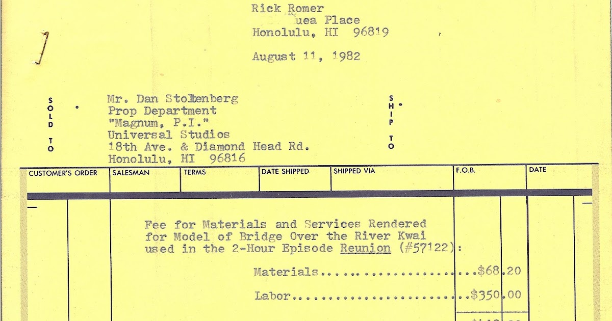 Magnum P.I. Set Decorator Bridge Invoice and work schedule information