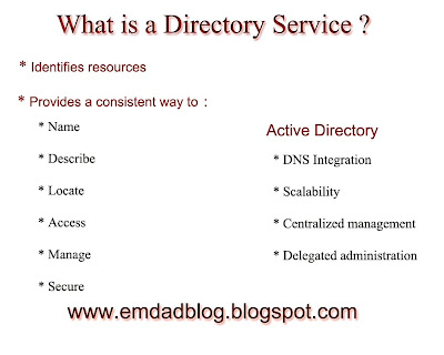 A directory service is a network service that identifies all resources on a network and makes that information available to users and applications