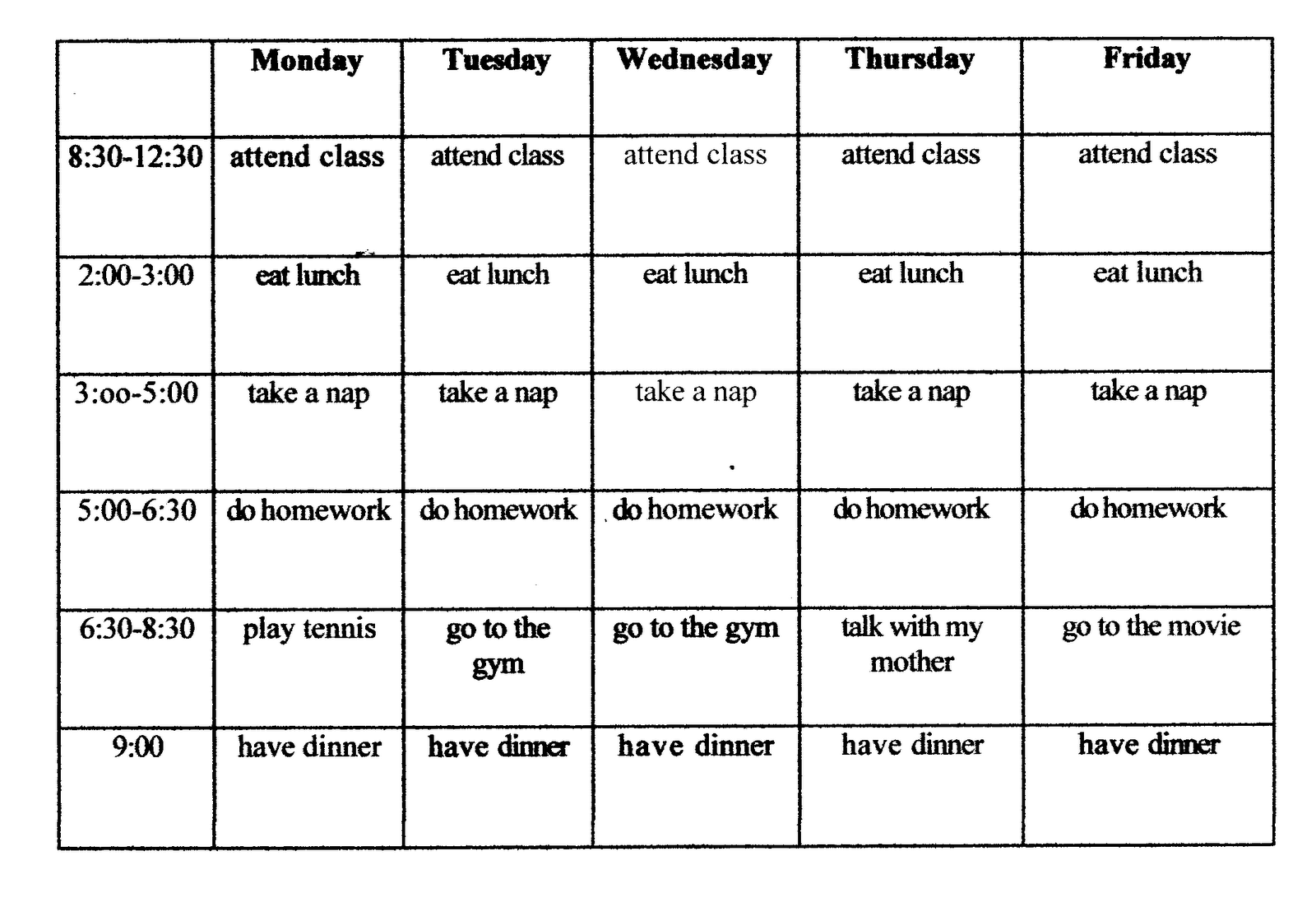 Daily Activity Schedule