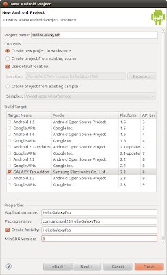 Create new project with GALAXY Tab as the Build Target Create new project with GALAXY Tab as the Build Target