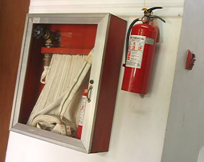 fire hose, extinguisher and alarm