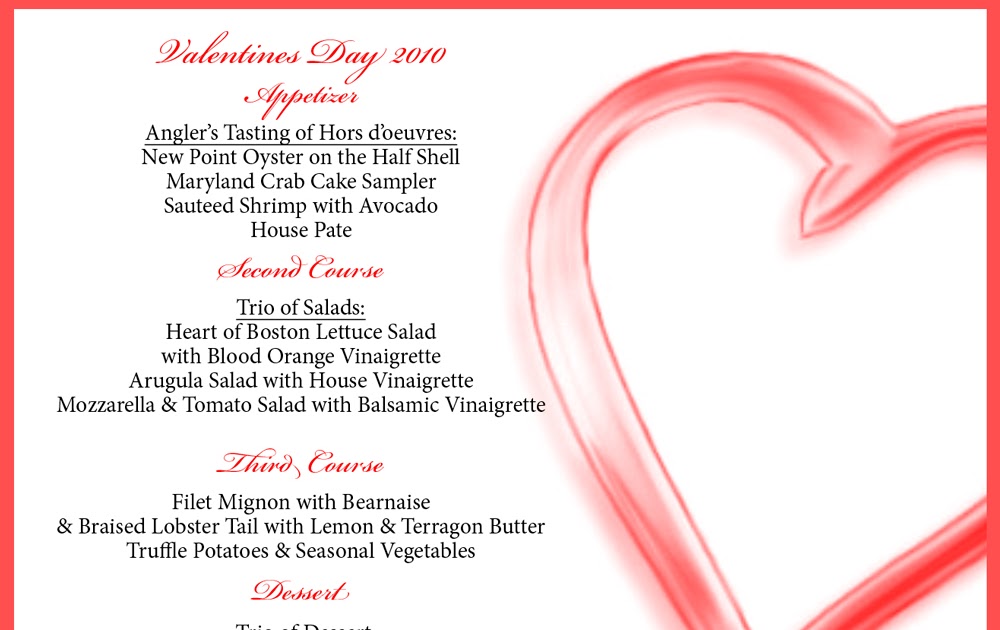Old Angler's Inn: Valentines Dinner Menu at Old Angler's Inn