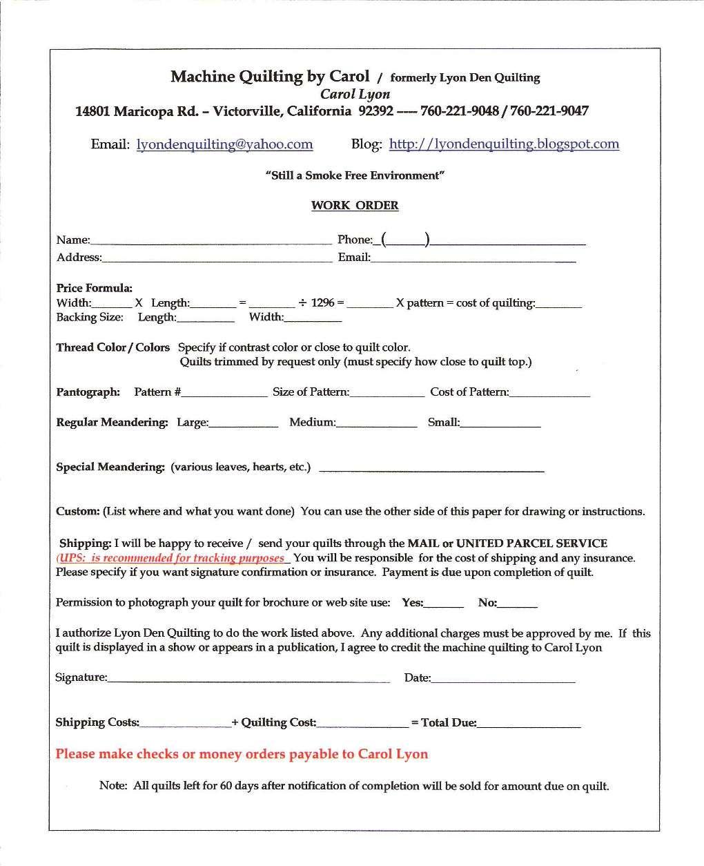 Machine Quilting by Carol Work Order Form