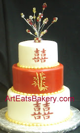 Red and white double happiness fondant wedding cake