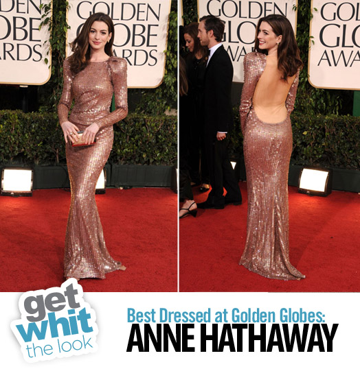 Anne Hathaway looked stunning in a shimmery Giorgio Armani Privé gown with 