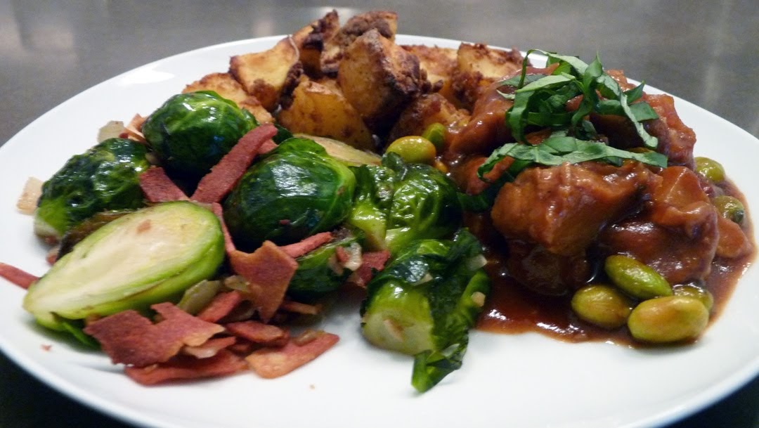 Basil BBQ Seitan, BacoSprouts & Grana Padano Potatoes