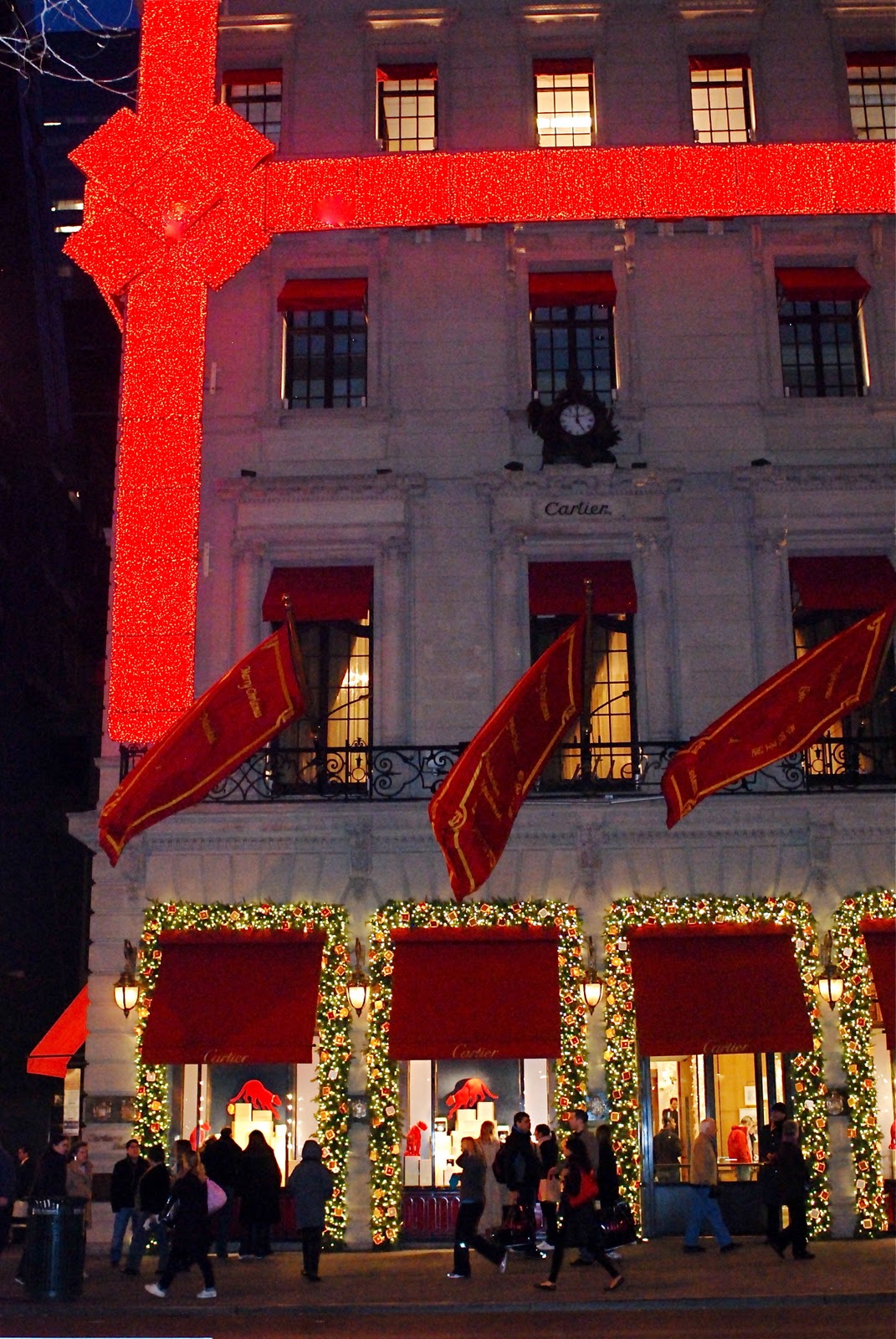 Christmas lights and decorations outside the Cartier Store