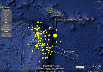 Epicentro y réplicas del sismo en Samoa