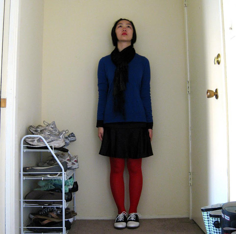 bright red tights, royal blue sweater, black and white saddle shoes