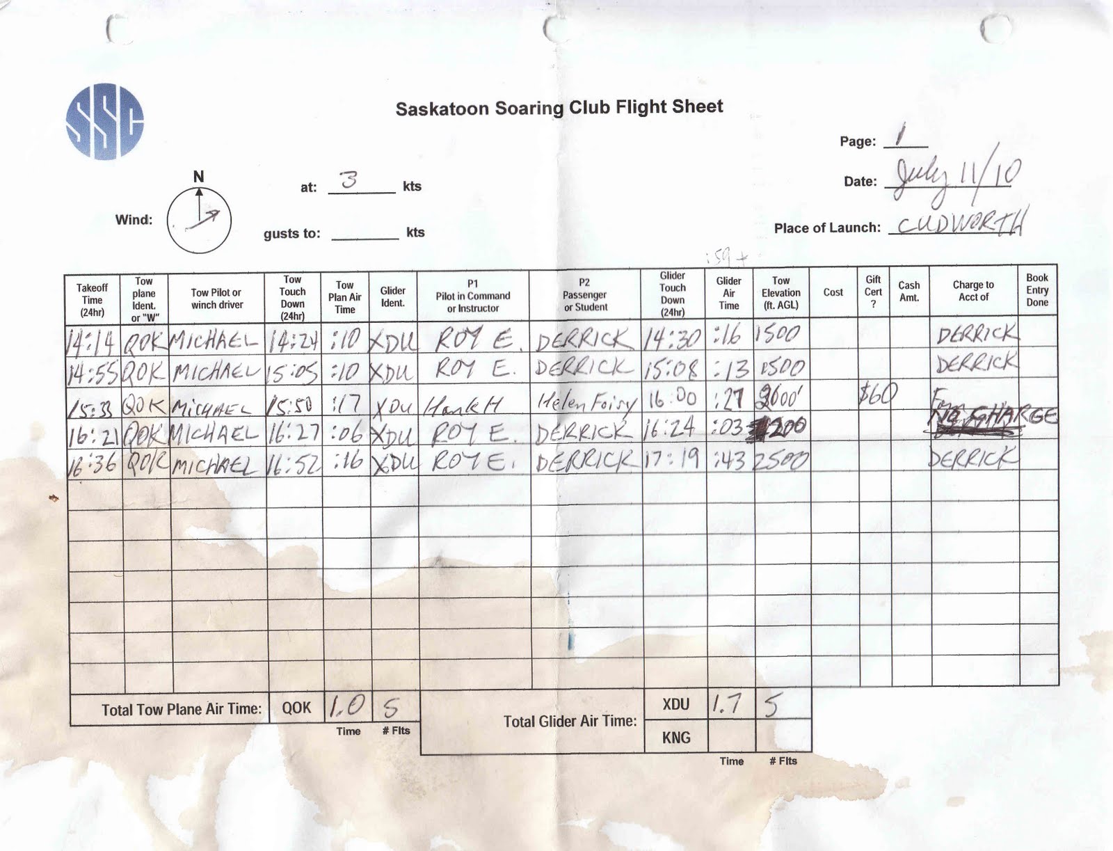 Saskatoon Soaring Club July 11 Flight Sheet