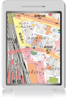 ドコモ新機種906i/706iシリーズの画面上でモバイル Google マップで新宿駅周りの地図を示す画像。