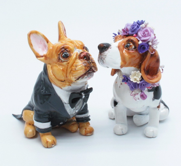 and wearing pearl necklace with purple flower These Wedding Cake Topper are
