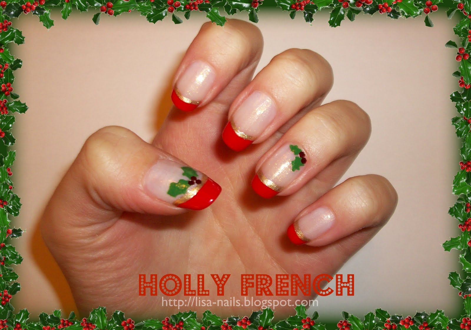 Festive french december theme nail manicure Christmas Nails | HOLLY FRENCH - Nails At Home