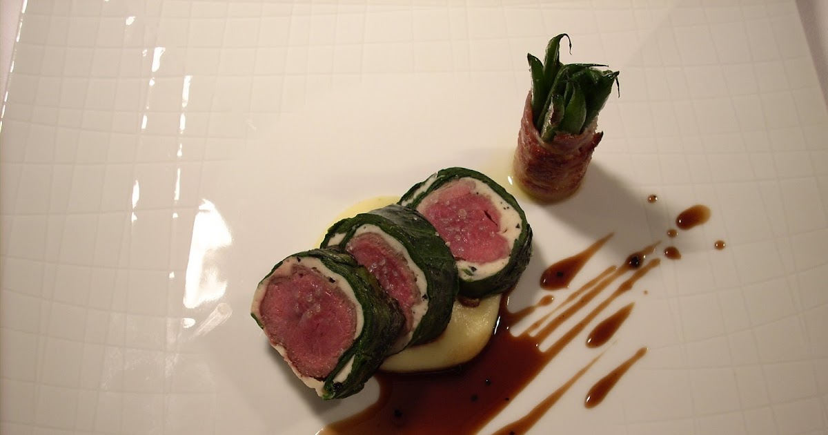 Strictly Fine Dining Lamb loin wrapped in mousse and spinach, aligot, olive jus