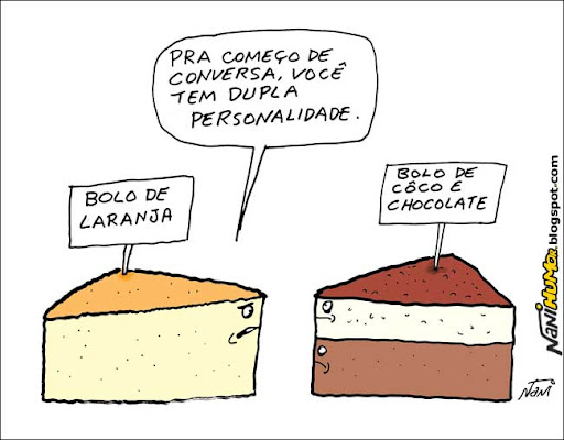  Humor das Coisas. bolo de laranja e bolo duplo de chocolate e côco