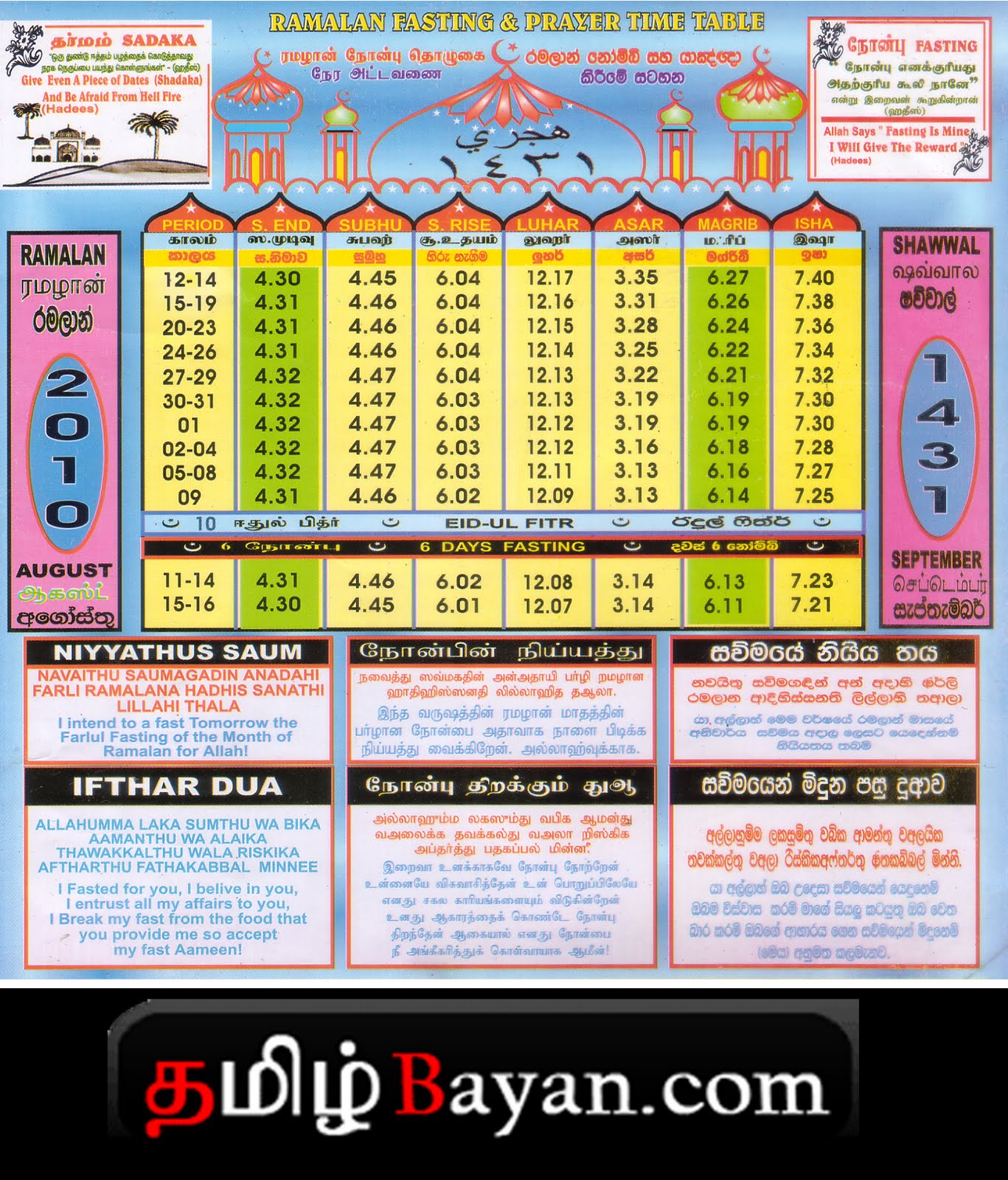 Kathal 1 St Ramalan Fasting Prayer Time Table Tamil,Sinhala,English