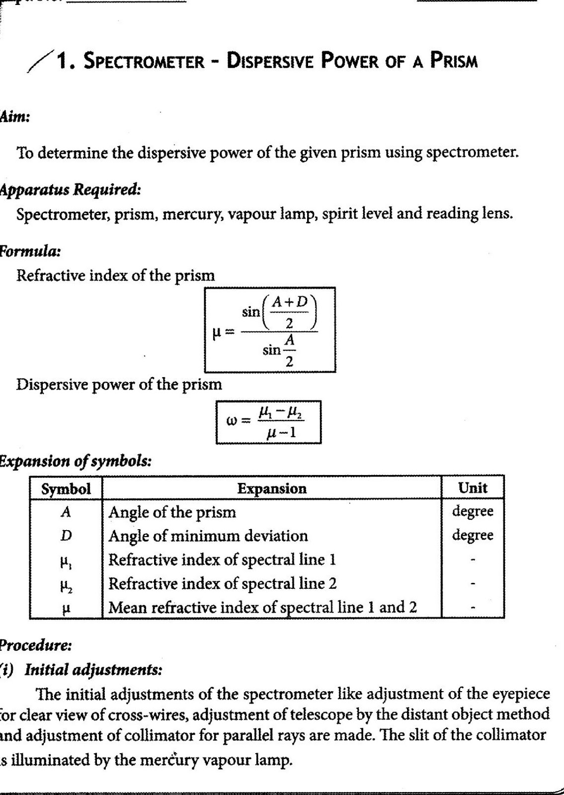 SPECTROMETER DISPERSIVE POWER OF A PRISM Computer Programming