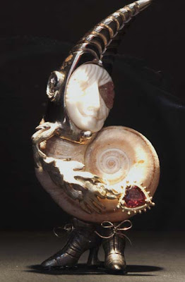 Ananci, Pendant Ornament sterling silver, 18carat gold, snail shell, carved bone, pink tourmaline, garnet- Jasmine Thomas-Girvan