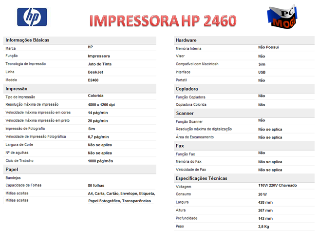 DETALHES DA IMPRESSORA HP 2460