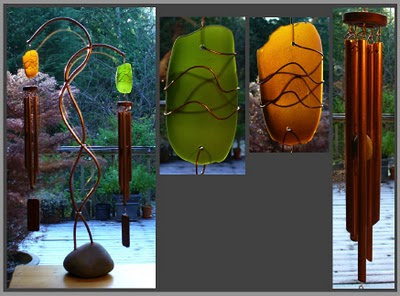 windchime, wind chime, large freestanding double chime with a beach stone base and copper